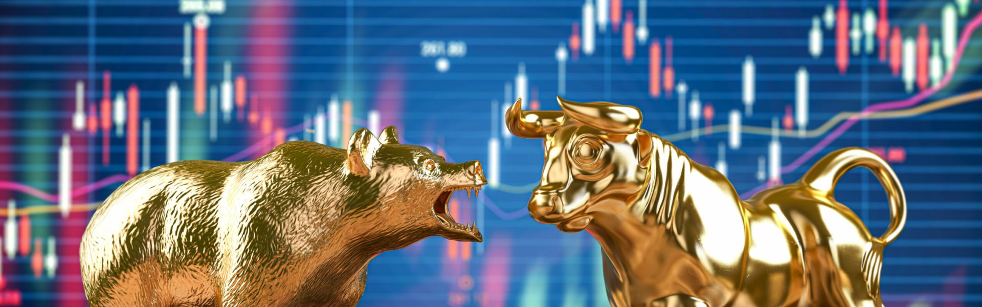 Golden bull and bear on stock data chart background. Investing, stock exchange financial bearish and mullish market concept. 3d illustration